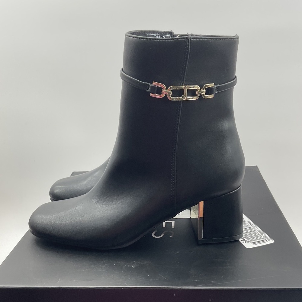 Jones New York Durling Black Square Toe Ankle Boots Gold Chain Block Heel 6.5M